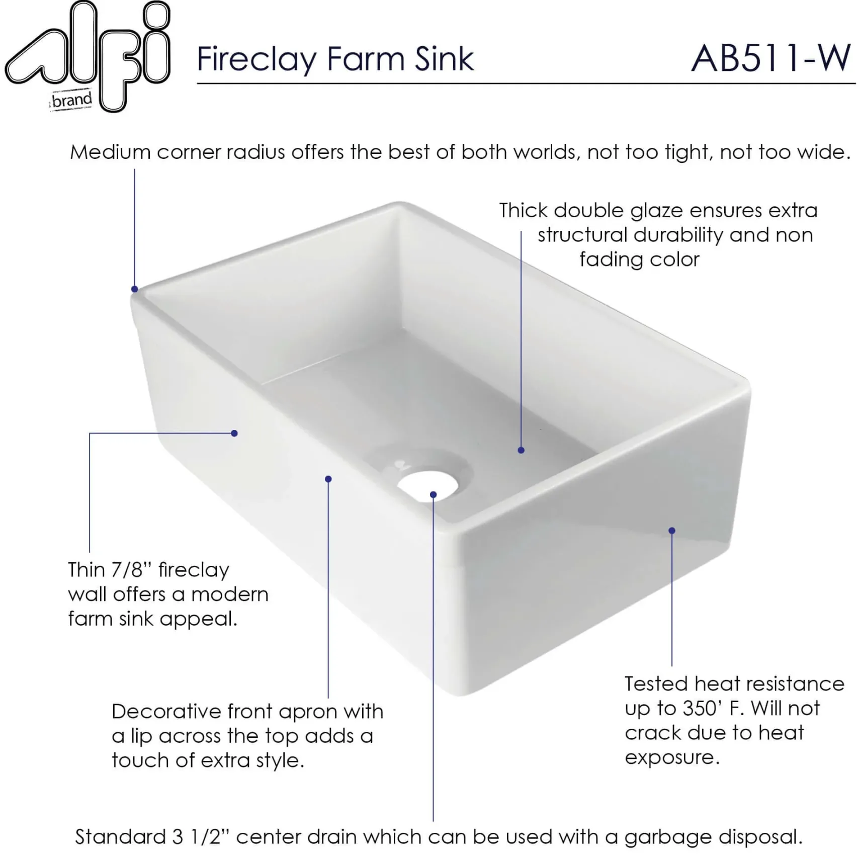 ALFI 30" Single Bowl Fireclay Farmhouse Apron Sink, White, Decorative, AB511-W