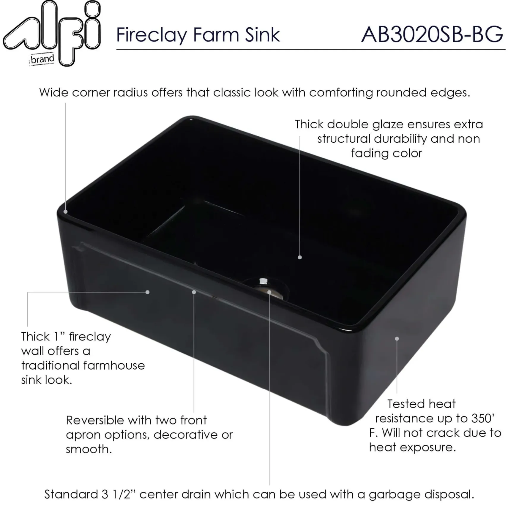 ALFI 30" Single Bowl Fireclay Farmhouse Apron Sink, Black Gloss, AB3020SB-BG
