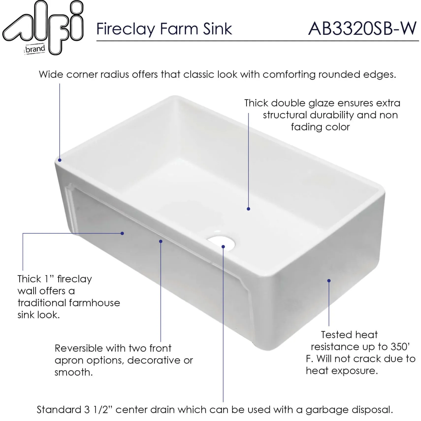 ALFI 33" Single Bowl Fireclay Farmhouse Apron Sink, White, AB3320SB-W