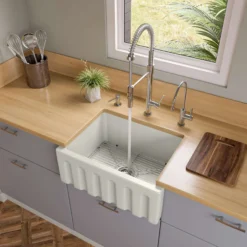 ALFI 24" Single Bowl Fireclay Farmhouse Apron Sink, Biscuit, Reversible, AB2418HS-B