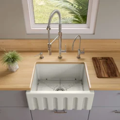ALFI 24" Single Bowl Fireclay Farmhouse Apron Sink, Biscuit, Reversible, AB2418HS-B