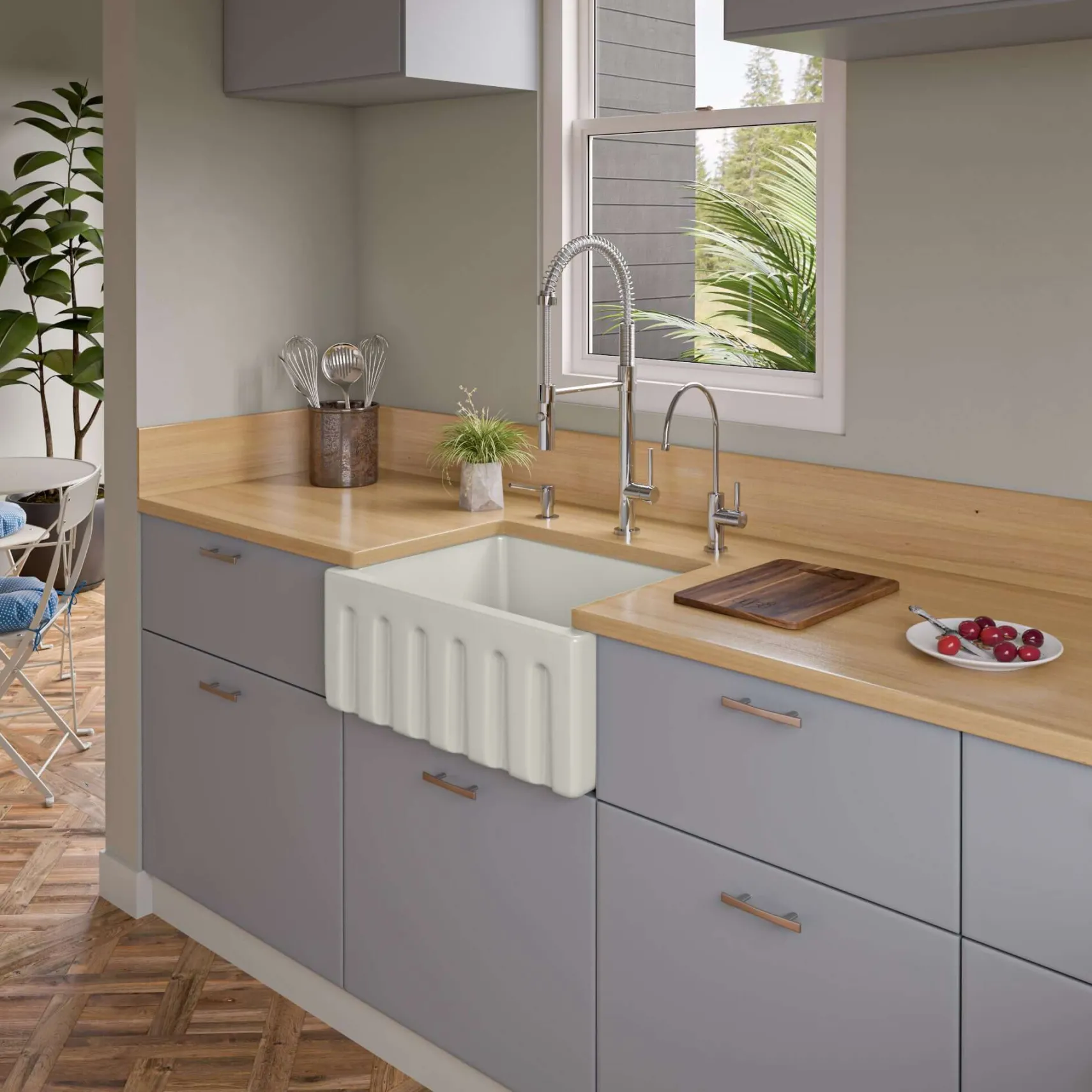 ALFI 24" Single Bowl Fireclay Farmhouse Apron Sink, Biscuit, Reversible, AB2418HS-B