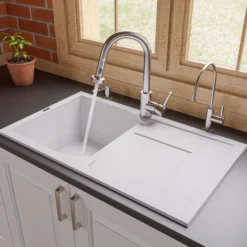 ALFI 34" Single Bowl Granite Composite Kitchen Sink with Drainboard, White, AB1620DI-W