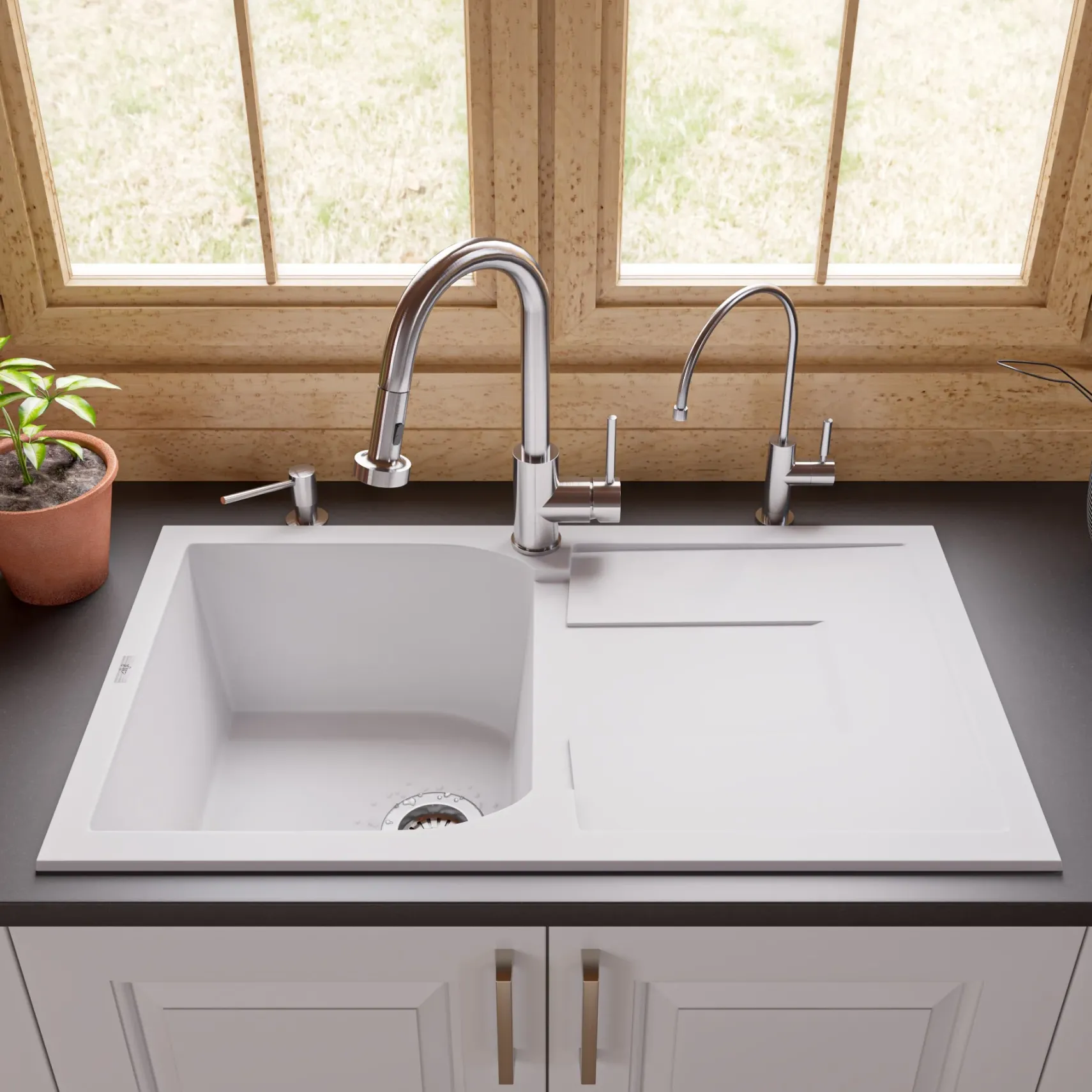 ALFI 34" Single Bowl Granite Composite Kitchen Sink with Drainboard, White, AB1620DI-W