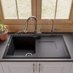 ALFI 34" Single Bowl Granite Composite Kitchen Sink with Drainboard, Black, AB1620DI-BLA