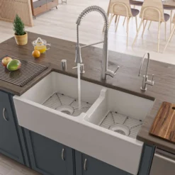 ALFI 36" Smooth Double Bowl Thick Wall Fireclay Farmhouse Sink, White, AB3618DB-W