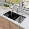 ALFI 34" Undermount Granite Composite Workstation Kitchen Sink with Accessories, 50/50 Double Bowl, Black, 0 Faucet Hole, AB3418DBUM-BLA