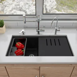 ALFI 34" Undermount Granite Composite Workstation Kitchen Sink with Accessories, 50/50 Double Bowl, Black, 0 Faucet Hole, AB3418DBUM-BLA