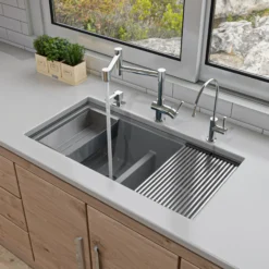 ALFI 34" Undermount Granite Composite Workstation Kitchen Sink with Accessories, 50/50 Double Bowl, Titanium, 0 Faucet Hole, AB3418DBUM-T