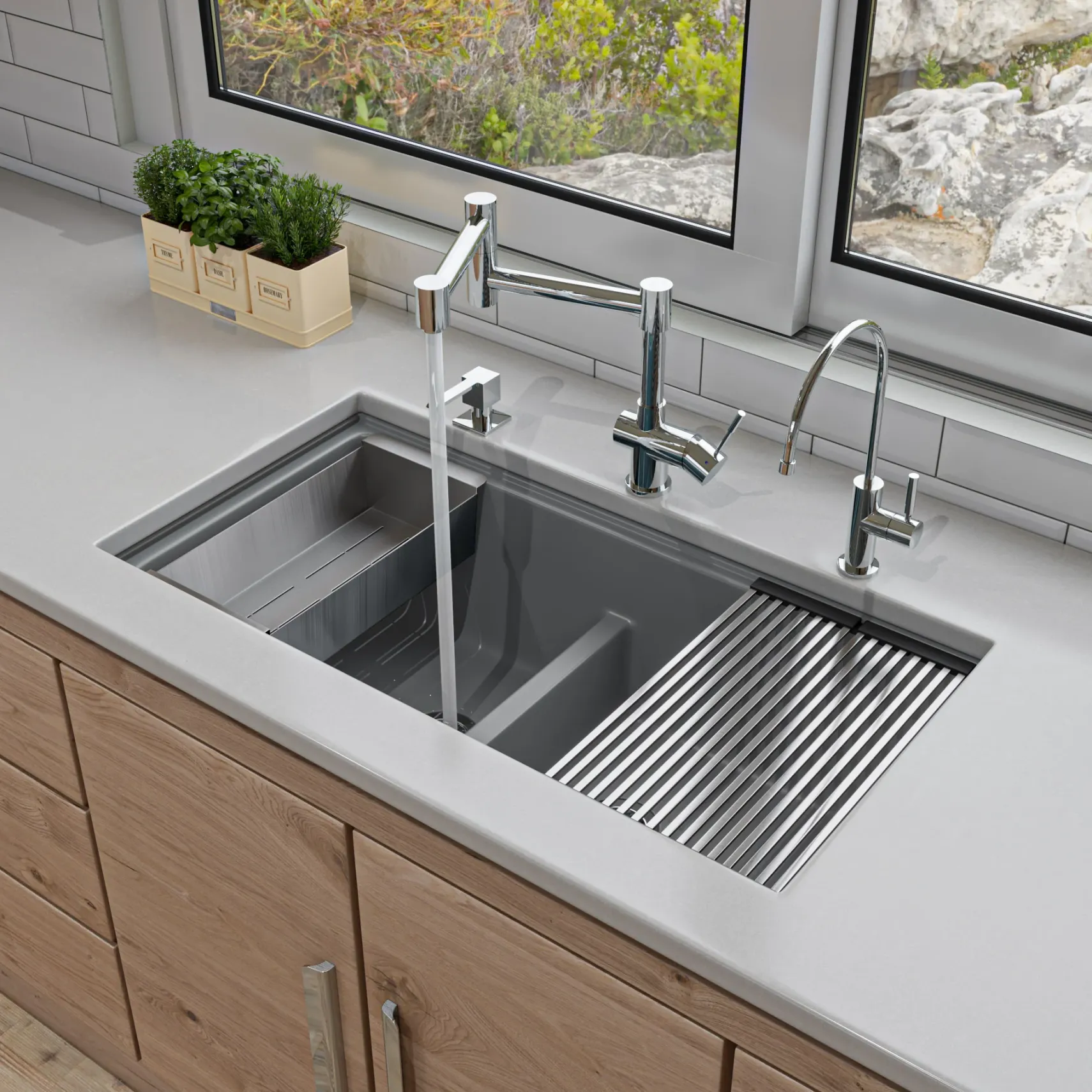 ALFI 34" Undermount Granite Composite Workstation Kitchen Sink with Accessories, 50/50 Double Bowl, Titanium, 0 Faucet Hole, AB3418DBUM-T