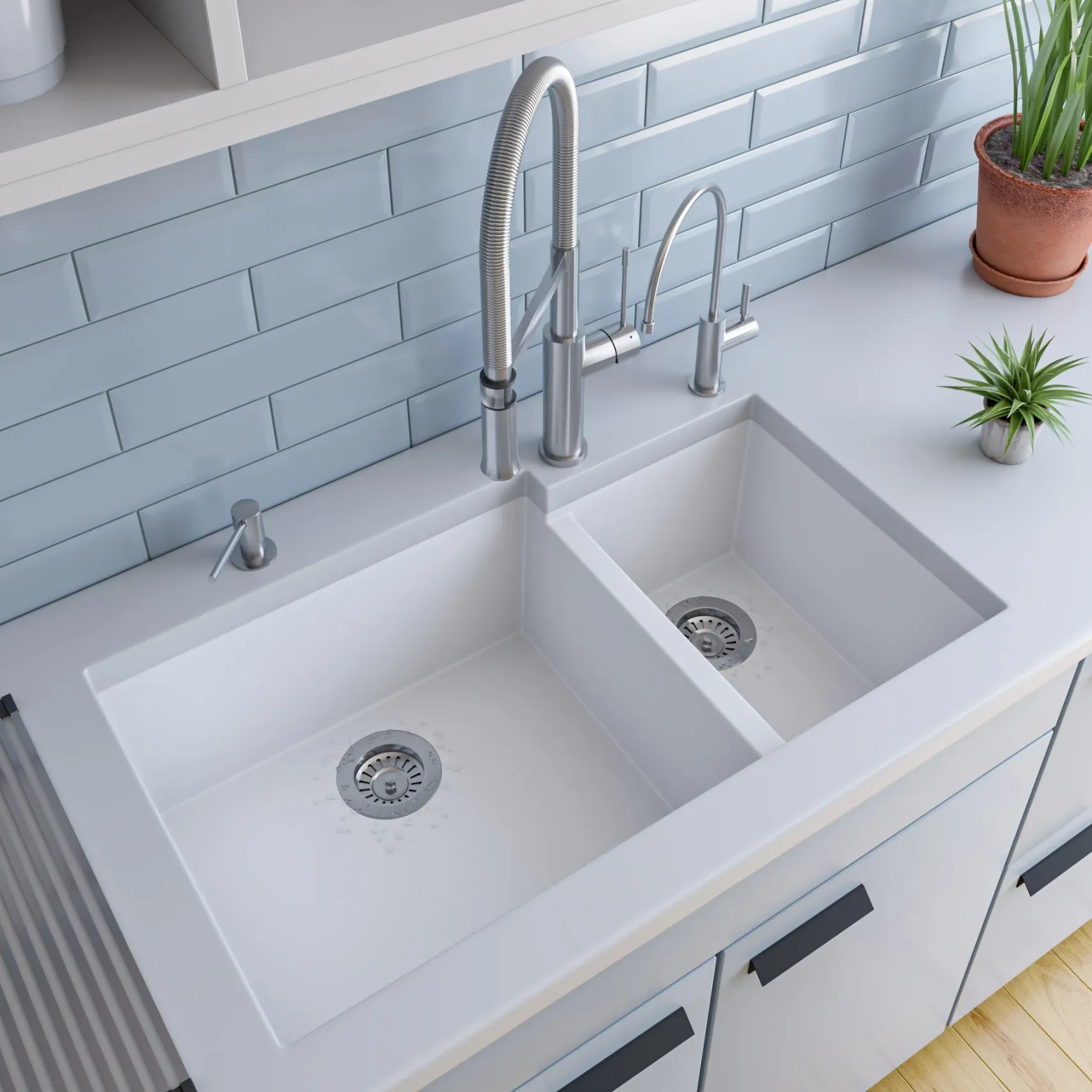 ALFI White 34" Double Bowl Undermount Granite Composite Kitchen Sink, AB3319UM-W