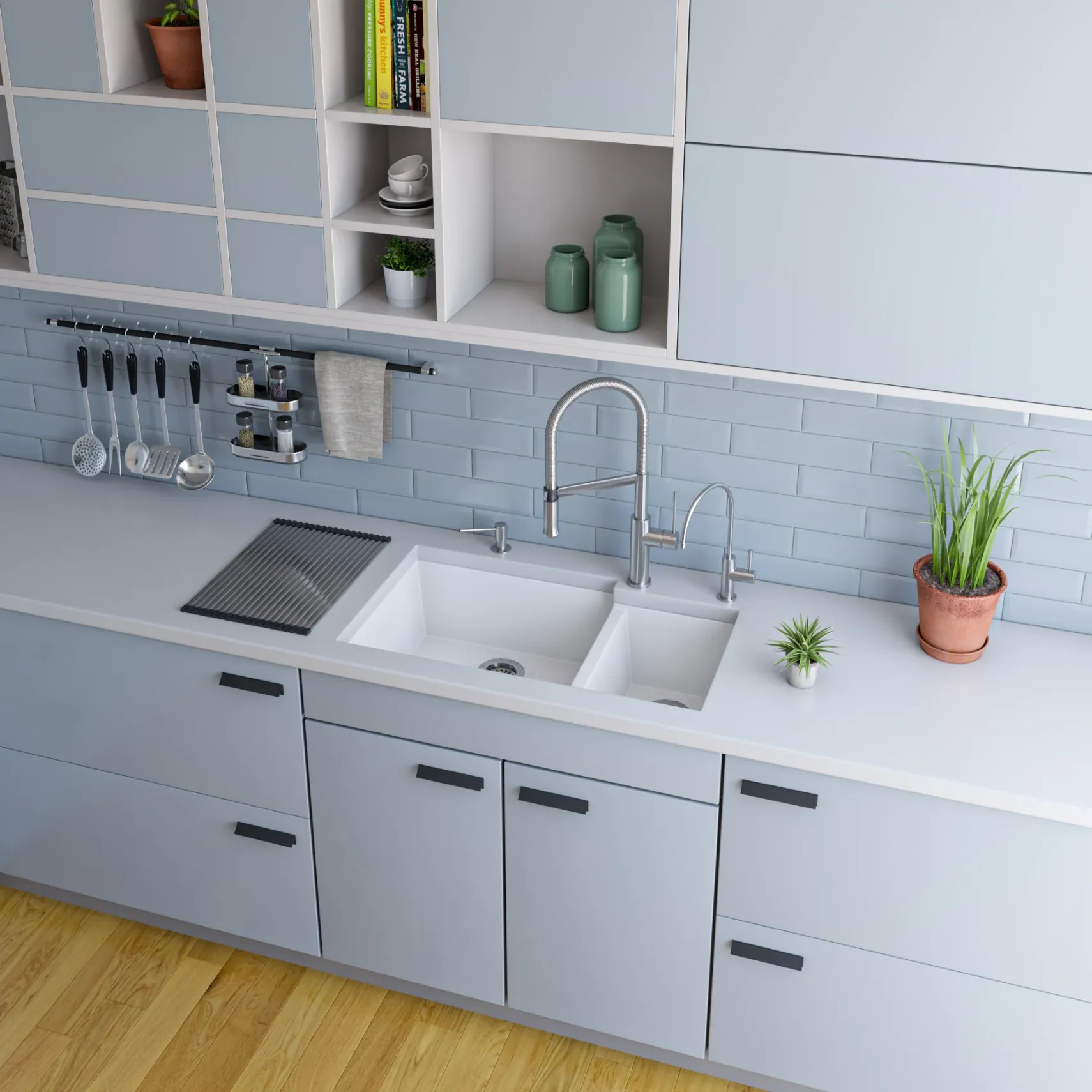ALFI White 34" Double Bowl Undermount Granite Composite Kitchen Sink, AB3319UM-W