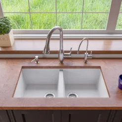 ALFI White 34" Undermount Double Bowl Granite Composite Kitchen Sink, AB3420UM-W