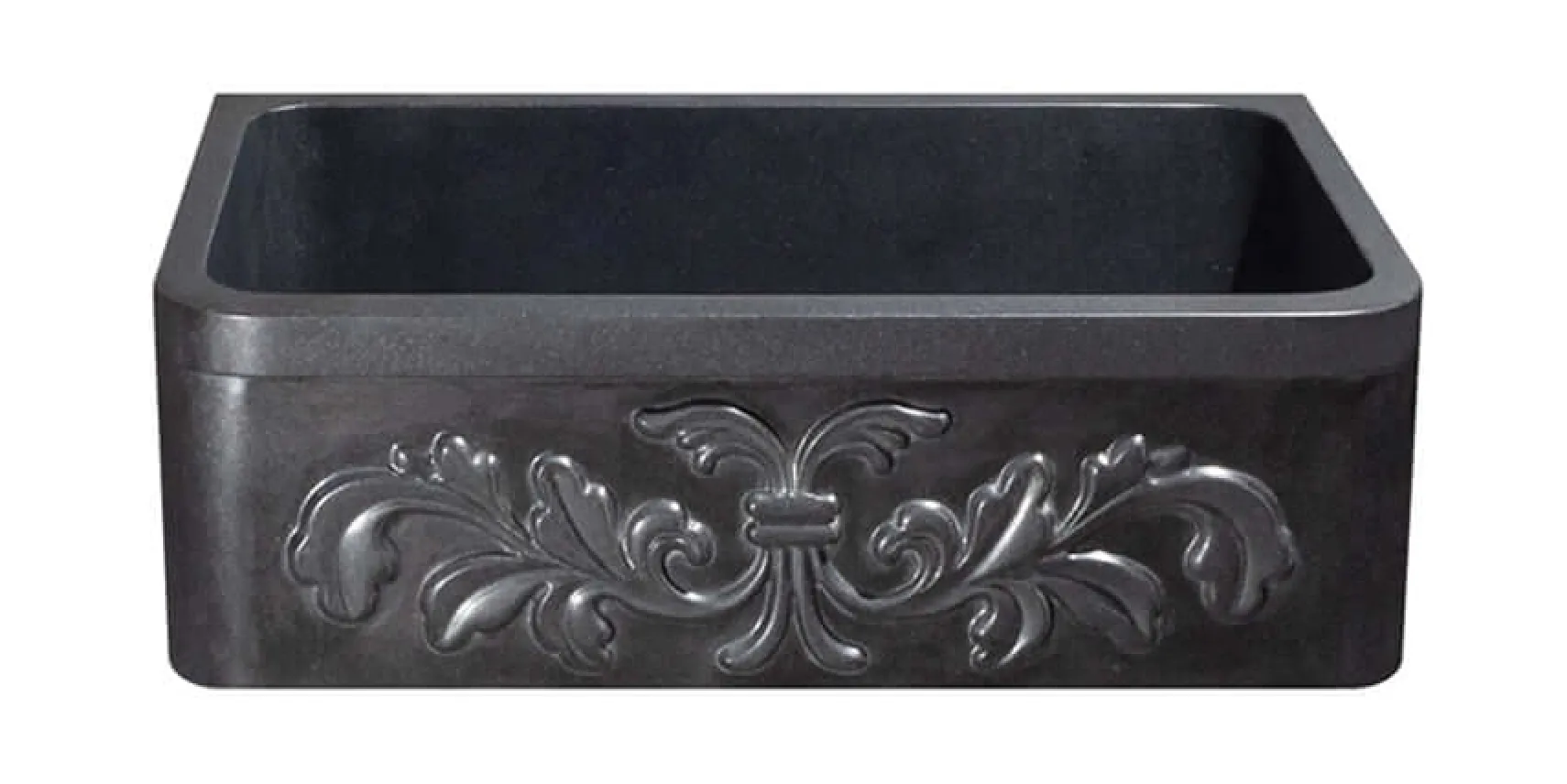 30" Black Granite Stone Farmhouse Kitchen Sink, Single Bowl, Floral Front, KF302010SB-F2-BK
