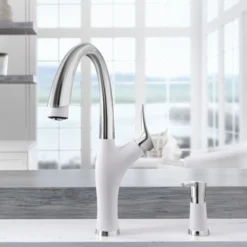 Blanco Artona 1.5 GPM Brass Kitchen Faucet, Pull-Down, White/Stainless, 442036