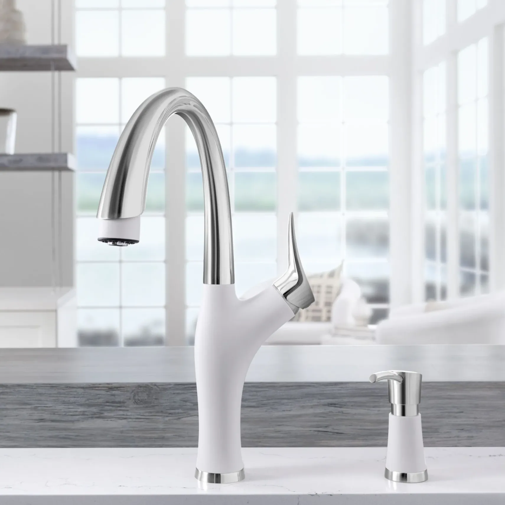 Blanco Artona 1.5 GPM Brass Kitchen Faucet, Pull-Down, White/Stainless, 442036