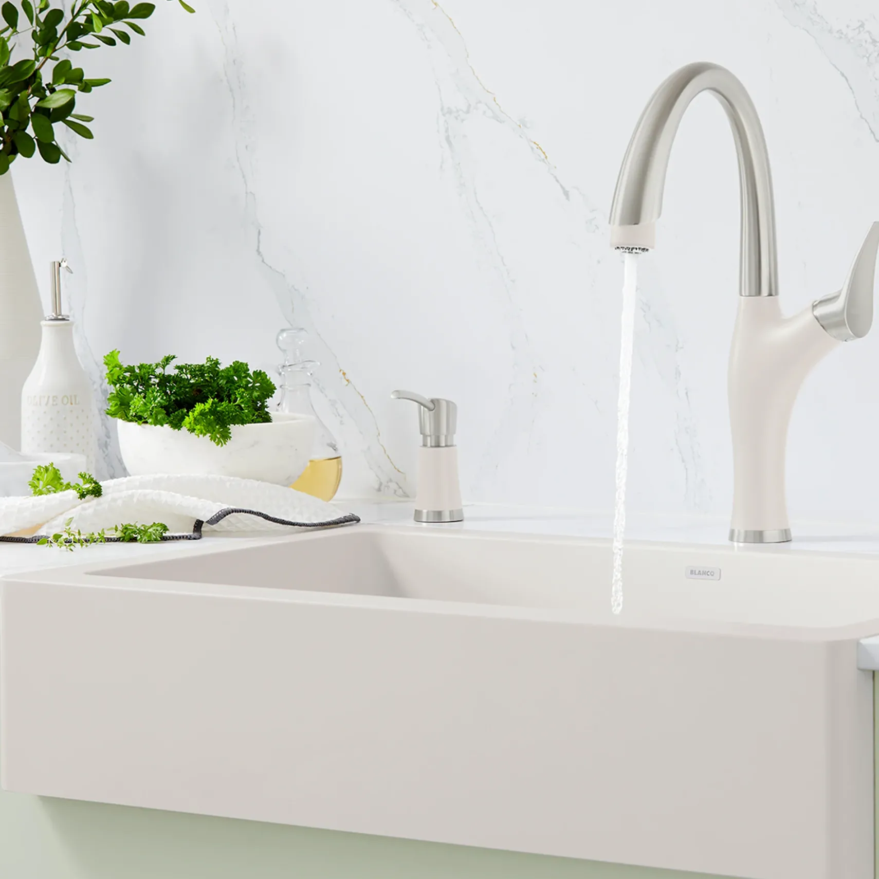 Blanco Artona Pull-Down Dual-Spray Kitchen Faucet, PVD Steel/Soft White, 1.5 GPM, Brass, 443040