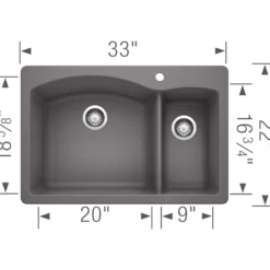 Blanco Diamond 33" Dual Mount Granite Composite Kitchen Sink, Silgranit, 70/30 Double Bowl, Cinder, 441464