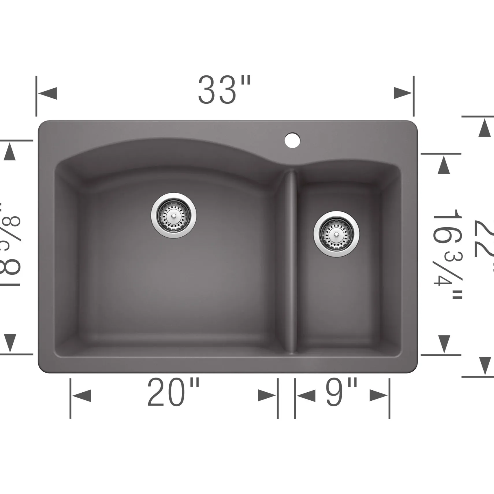 Blanco Diamond 33" Dual Mount Granite Composite Kitchen Sink, Silgranit, 70/30 Double Bowl, Cinder, 441464