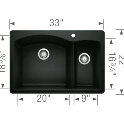 Blanco Diamond 33" Dual Mount Granite Composite Kitchen Sink, Silgranit, 70/30 Double Bowl, Coal Black, 442907