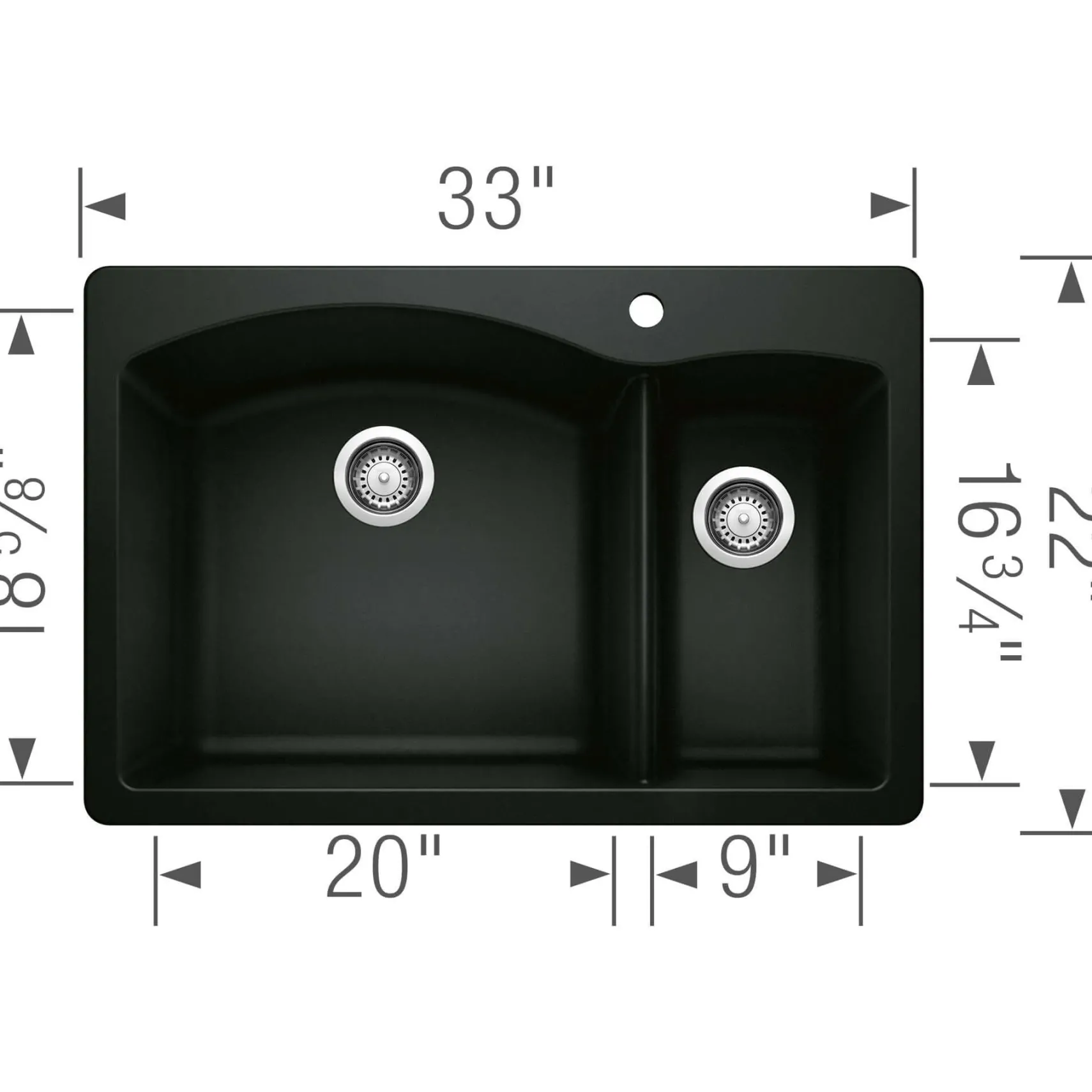 Blanco Diamond 33" Dual Mount Granite Composite Kitchen Sink, Silgranit, 70/30 Double Bowl, Coal Black, 442907