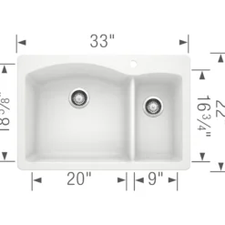 Blanco Diamond 33" Dual Mount Granite Composite Kitchen Sink, Silgranit, 70/30 Double Bowl, White, 440200