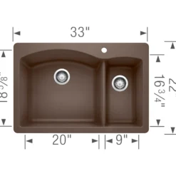 Blanco Diamond 33" Dual Mount Granite Composite Kitchen Sink, Silgranit, 70/30 Double Bowl, Cafe, 440197