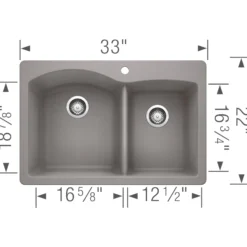 Blanco Diamond 33" Dual Mount Granite Composite Kitchen Sink, Silgranit, 60/40 Double Bowl, Metallic Gray, 440214
