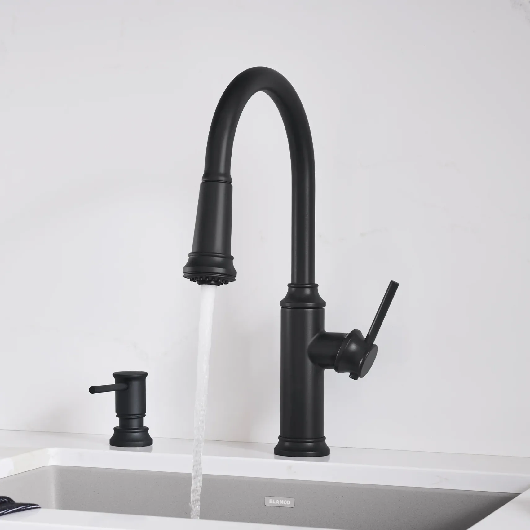 Blanco Empressa High Arc Pull-Down Dual-Spray Kitchen Faucet, Matte Black, 1.5 GPM, Brass, 443023