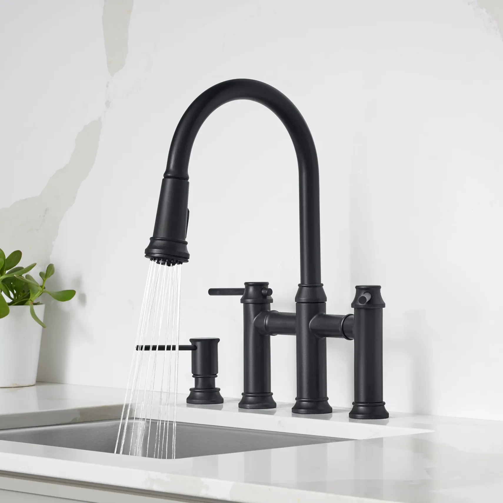 Blanco Empressa Pull-Down Dual-Spray Bridge Faucet, Matte Black, 1.5 GPM, Brass, 443024