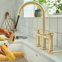 Blanco Empressa Pull-Down Dual-Spray Bridge Faucet, Satin Gold, 1.5 GPM, Brass, 442981