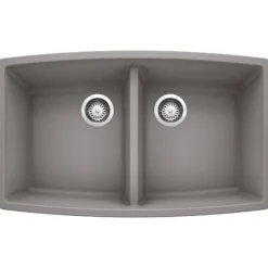 Blanco Performa 33" Undermount Granite Composite Kitchen Sink, Silgranit, 50/50 Double Bowl, Metallic Gray, 440072