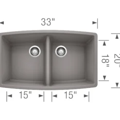 Blanco Performa 33" Undermount Granite Composite Kitchen Sink, Silgranit, 50/50 Double Bowl, Metallic Gray, 440072