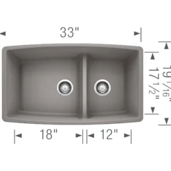 Blanco Performa 33" Undermount Granite Composite Kitchen Sink, Silgranit, 60/40 Double Bowl, Metallic Gray, 441309