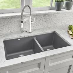 Blanco Precis 33" Undermount Granite Composite Kitchen Sink, Silgranit, 60/40 Double Bowl, Metallic Gray, 441130