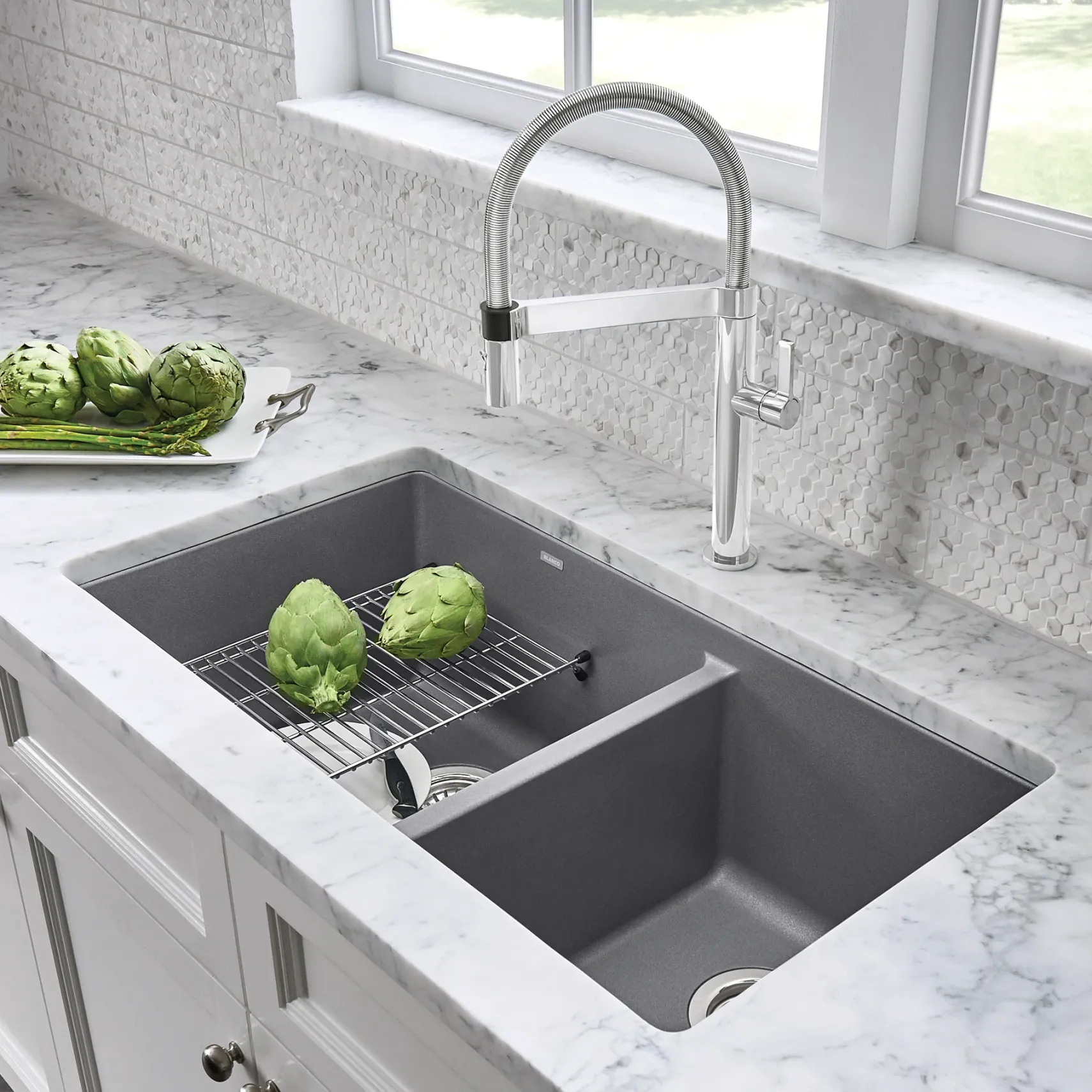 Blanco Precis 33" Undermount Granite Composite Kitchen Sink, Silgranit, 60/40 Double Bowl, Metallic Gray, 441130