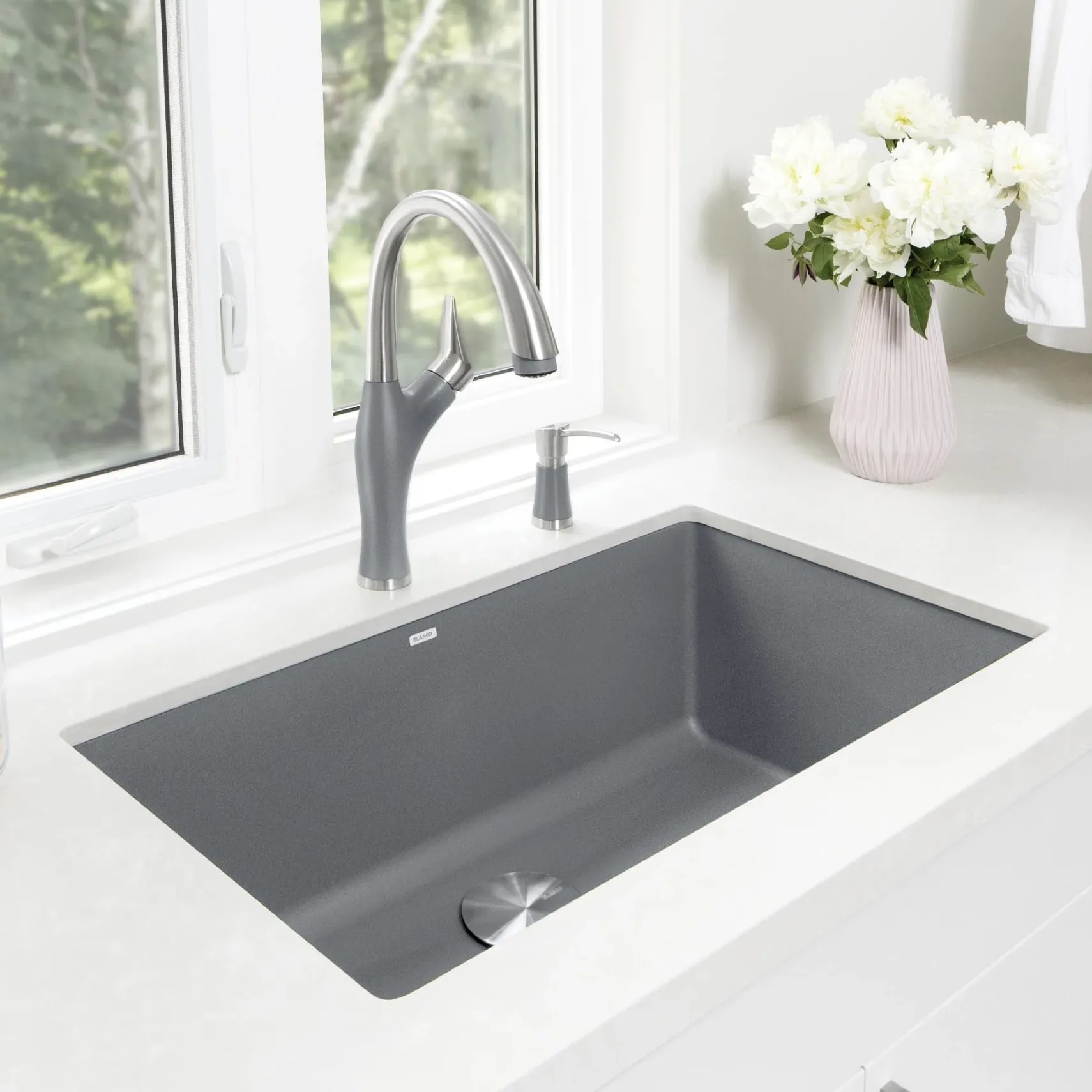 Blanco Precis 32" Undermount Granite Composite Kitchen Sink, Silgranit, Metallic Gray, 440148