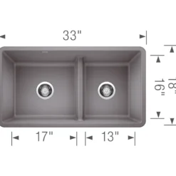 Blanco Precis 33" Undermount Granite Composite Kitchen Sink, Silgranit, 60/40 Double Bowl, Metallic Gray, 442527