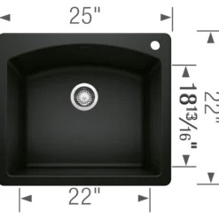 Blanco Diamond 25" Dual Mount Granite Composite Kitchen Sink, Silgranit, Coal Black, 442905