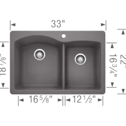 Blanco Diamond 33" Dual Mount Granite Composite Kitchen Sink, Silgranit, 60/40 Double Bowl, Cinder, 441465