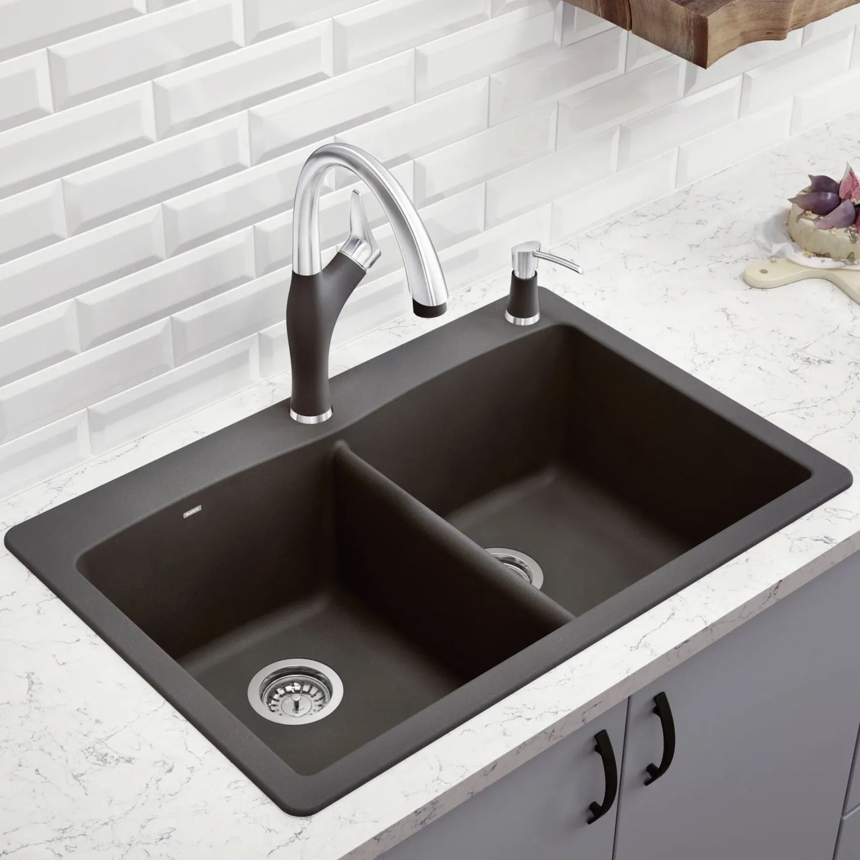 Blanco Diamond 33" Dual Mount Granite Composite Kitchen Sink, Silgranit, 50/50 Double Bowl, Cinder, 441466