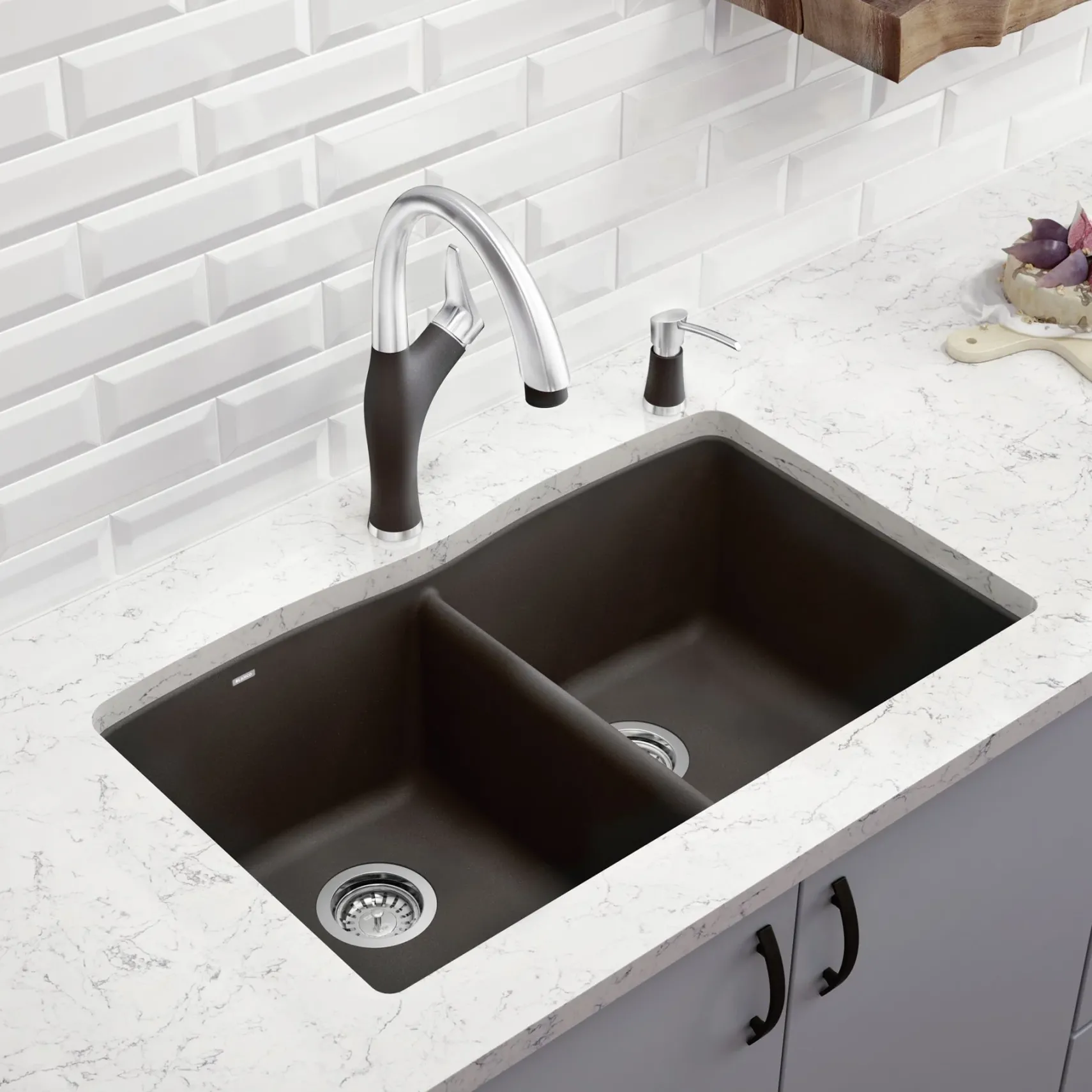 Blanco Diamond 33" Dual Mount Granite Composite Kitchen Sink, Silgranit, 50/50 Double Bowl, Cinder, 441466