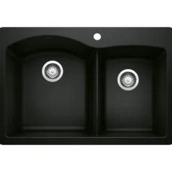 Blanco Diamond 33" Dual Mount Granite Composite Kitchen Sink, Silgranit, 60/40 Double Bowl, Coal Black, 442908
