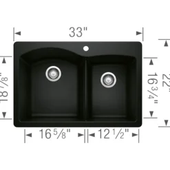 Blanco Diamond 33" Dual Mount Granite Composite Kitchen Sink, Silgranit, 60/40 Double Bowl, Coal Black, 442908