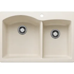 Blanco Diamond 33" Dual Mount Silgranit Kitchen Sink, 60/40 Double Bowl, Soft White, 1 Faucet Hole, 443063