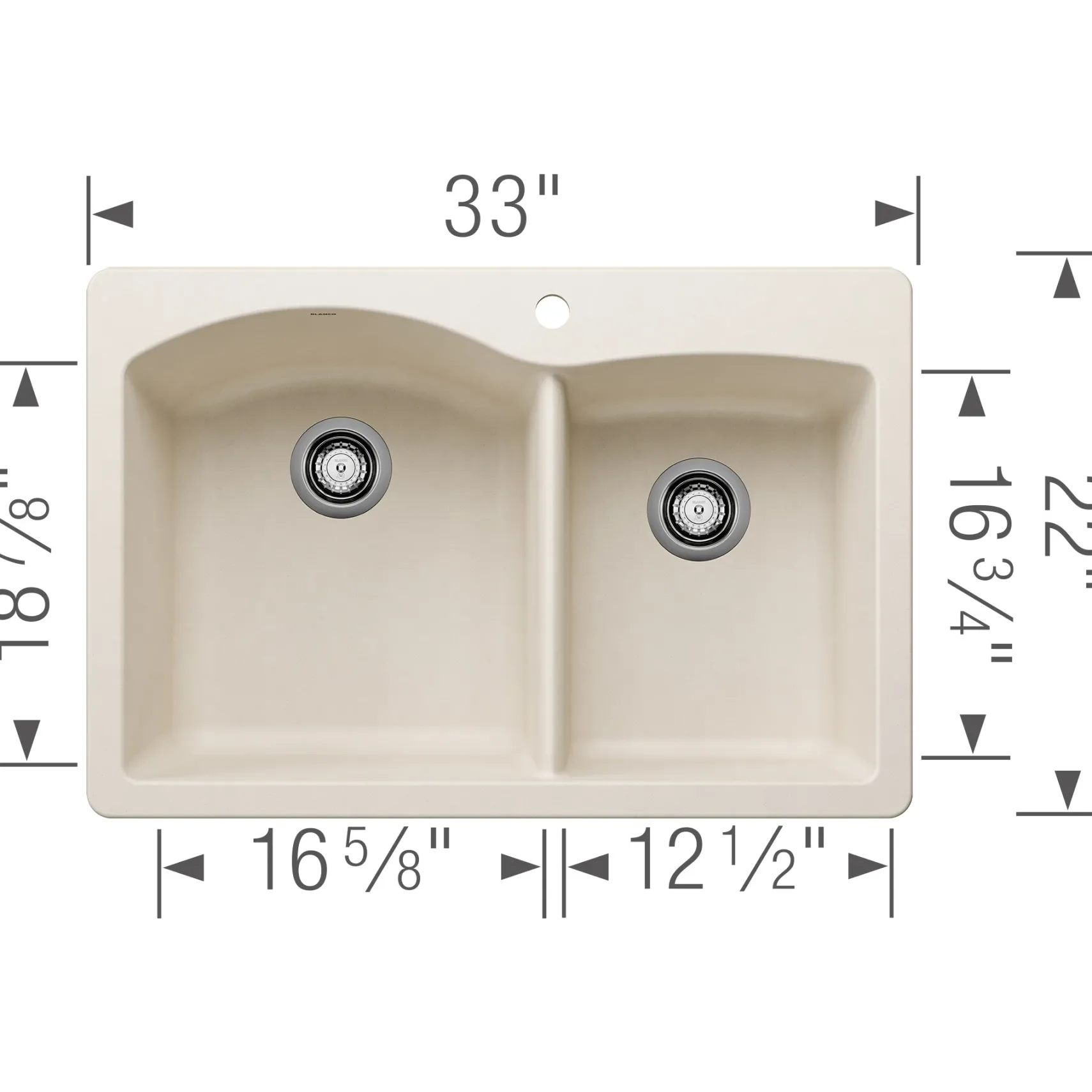 Blanco Diamond 33" Dual Mount Silgranit Kitchen Sink, 60/40 Double Bowl, Soft White, 1 Faucet Hole, 443063