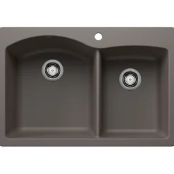 Blanco Diamond 33" Dual Mount Silgranit Kitchen Sink, 60/40 Double Bowl, Volcano Gray, 1 Faucet Hole, 443100