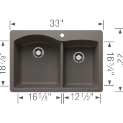 Blanco Diamond 33" Dual Mount Silgranit Kitchen Sink, 60/40 Double Bowl, Volcano Gray, 1 Faucet Hole, 443100