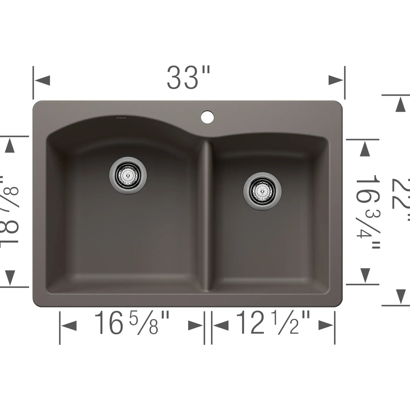 Blanco Diamond 33" Dual Mount Silgranit Kitchen Sink, 60/40 Double Bowl, Volcano Gray, 1 Faucet Hole, 443100