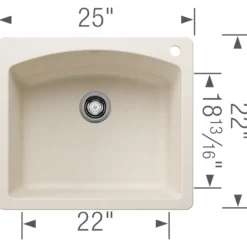 Blanco Diamond 25" Dual Mount Silgranit Kitchen Sink, Soft White, 1 Faucet Hole, 443060
